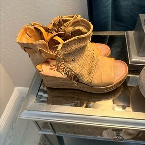 A.S.98 Tan Woven Fringe Wedge Sandals